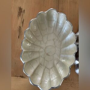 Julia KnightHandcrafted  Silver and Cream Peony enameled Dish in snow.